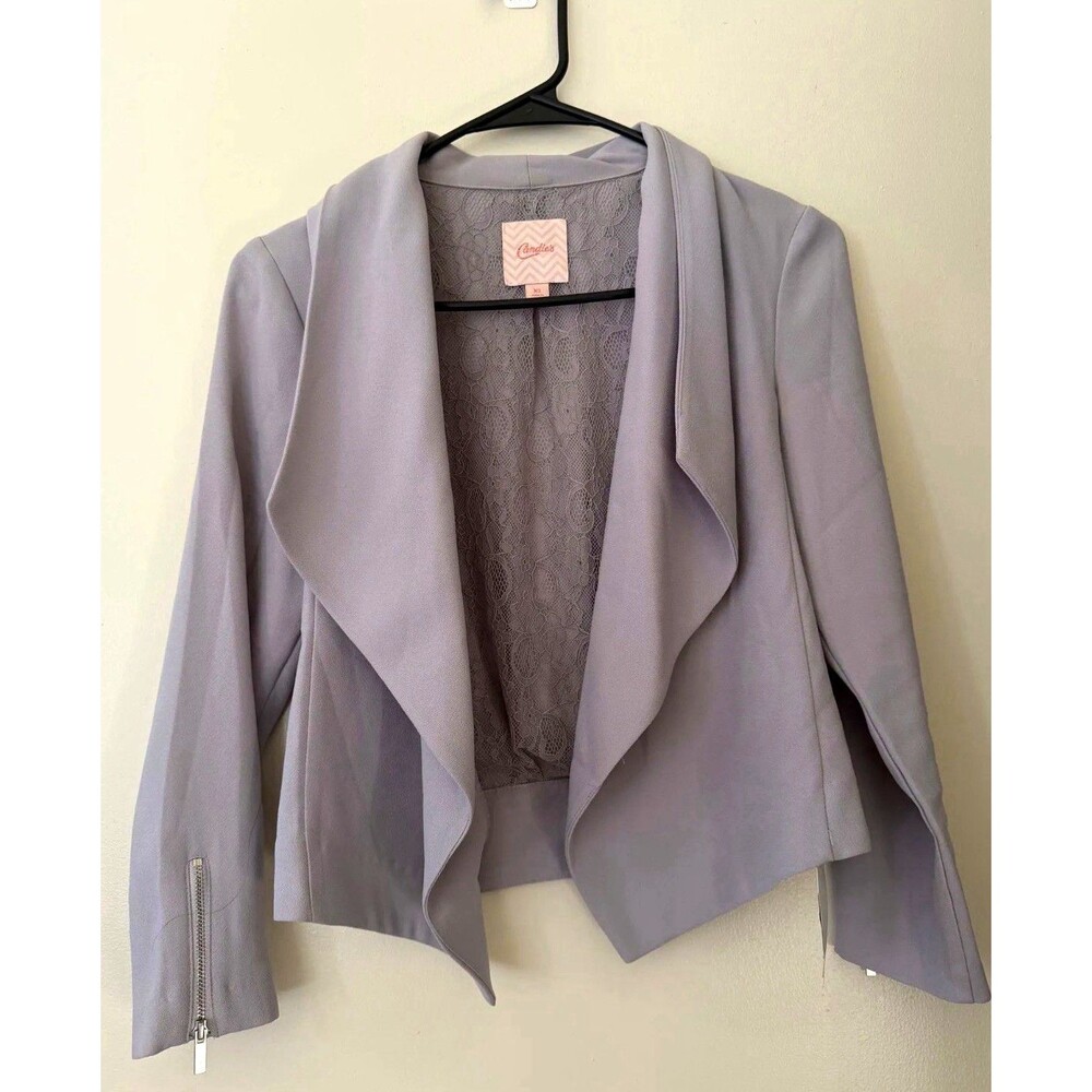 Candies Gray Open Front Draped Cropped Jacket, Long Sleeve Zipper Accent XS